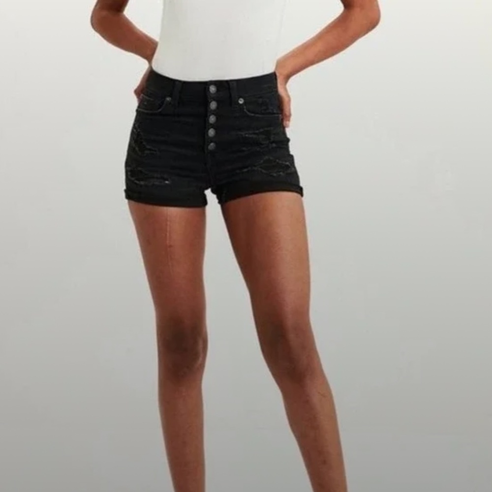 American Eagle Black Super High Rise Shortie Distressed Denim Shorts Size 10